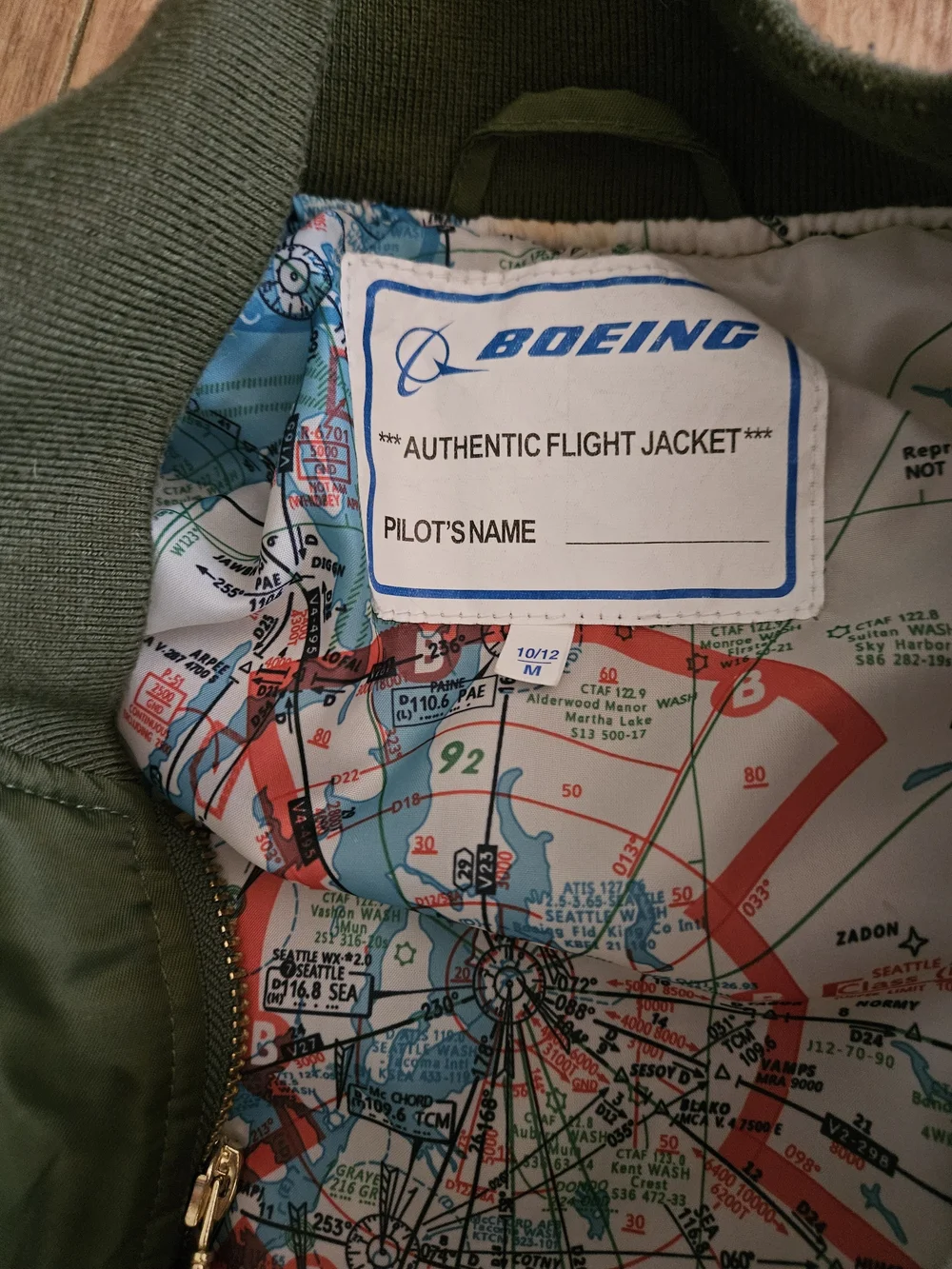 Olive Green BOEING Boys M 10/12 Bomber Jacket with Aviation Patches